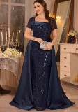 Plus Size Elegant Square Neck Pleated Sequin Formal Party Dress