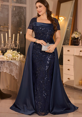 Plus Size Elegant Square Neck Pleated Sequin Formal Party Dress