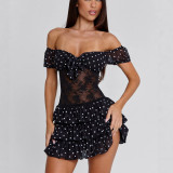 Women Off Shoulder Lace Strapless Patchwork Polka Dot Dress