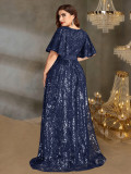 Women Elegant V-Neck Sequin Formal Party Ruffle Sleeve Dress
