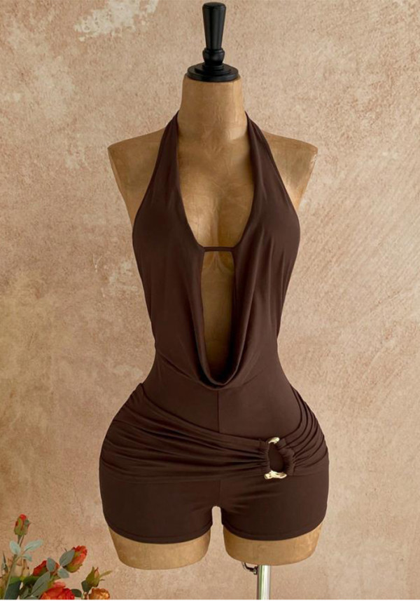 Women Casual Bohemian Halter Neck Backless Metal Beaded Jumpsuit