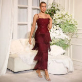 Women Cami Beaded Tassel Bandage Maxi Dress