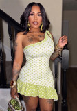 Women Polka Dot Print One Shoulder Tie Asymmetrical Dress