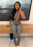 Women Polka Dot Print Halter Neck Hollow Out Backless Jumpsuit