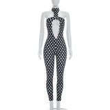 Women Polka Dot Print Halter Neck Hollow Out Backless Jumpsuit
