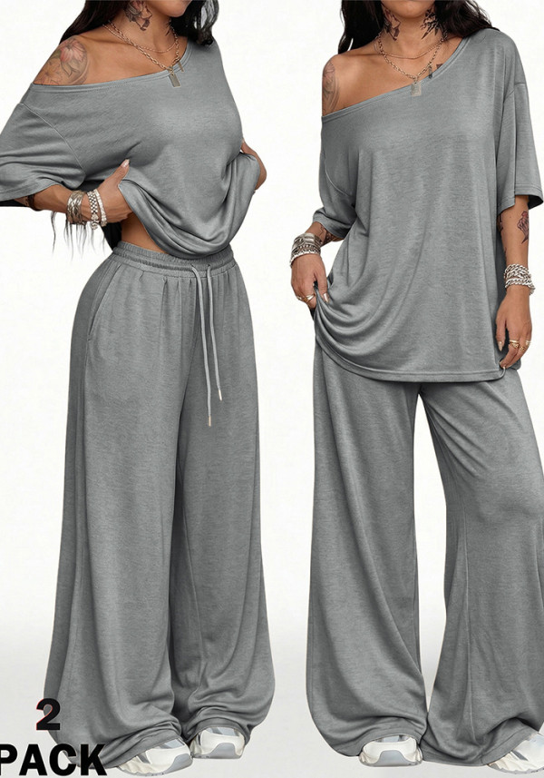 Women Summer Casual Off Shoulder Half-Sleeve Top & Wide Leg Pants Two Piece Set