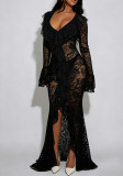 Women Sexy Lace V-Neck Long Sleeve Bodycon Dress