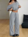 Women Summer Casual Off Shoulder Half-Sleeve Top & Wide Leg Pants Two Piece Set