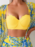 Women Holidays Maple Leaf Print Bikini Three Piece Swimwear