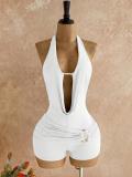 Women Casual Bohemian Halter Neck Backless Metal Beaded Jumpsuit