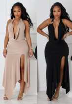 Women Sexy Halter Neck V-Neck Lace-Up Backless Split Maxi Dress