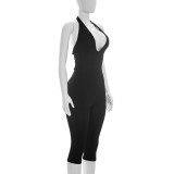 Women Sexy Halter Neck Backless Lace-Up 7-Point Jumpsuit