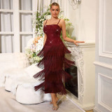 Women Cami Beaded Tassel Bandage Maxi Dress