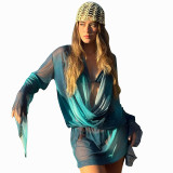 Women Mesh See-Through Print Cowl Neck Long Sleeve Dress
