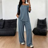 Women Summer Casual Off Shoulder Half-Sleeve Top & Wide Leg Pants Two Piece Set