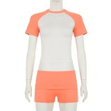 Women Casual Raglan Color Block Short Sleeve Top Shorts Headband Three Piece Set