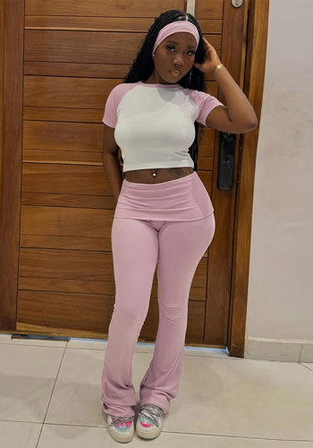 Women American Casual Color Block Short Sleeve T-shirt Top Pants Headband Three Piece Set