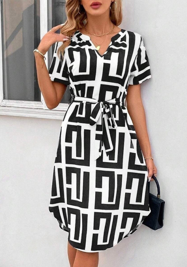 Women Summer Short Sleeve Stripe Casual V-Neck Dress