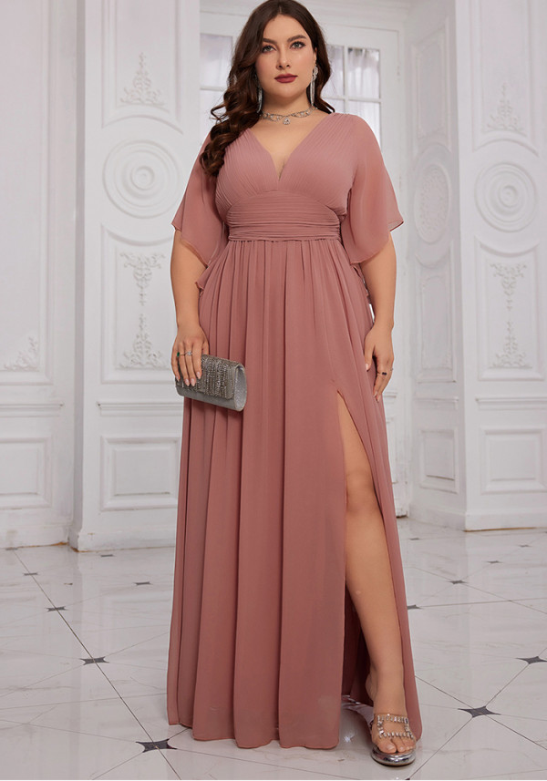 Plus Size Women's Chic V-neck Evening Dress Slit Elegant Long Gown