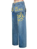 Women's Street Wide-leg Denim High-waist Graffiti Washed Loose Pants
