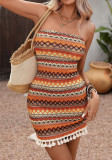 Women's Strapless Slim Waist Ethnic Striped Fringe Bodycon Dress