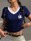 Summer Sport Printed Color-Block Lace Patchwork V-neck T-shirt