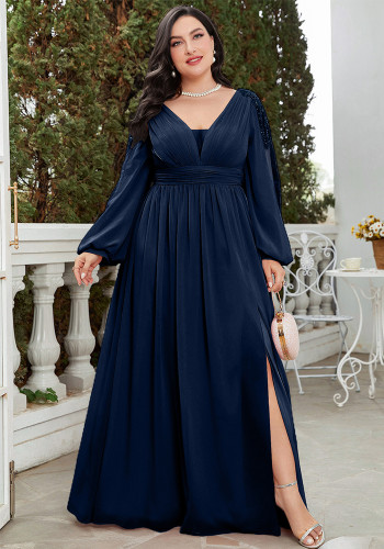 Plus Size Women's V-neck Long Sleeve Embroidered Floral Slim Waist Slit Bridesmaid Dress