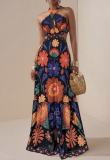 Summer Women's Printed Halter Neck Bohemian Long Dress