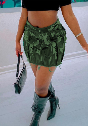 Spring/Summer Fashion Fringed Camouflage Mini Skirt