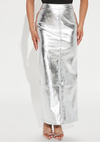 Autumn Women's Metallic Slit Slim-Fit Midi Skirt