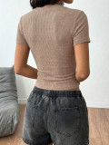 Summer Women's Fashion Pleated Slim Waist Short Sleeve V-neck T-shirt