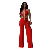 Women's Fashion Tie Low Back Solid Color Bodycon Jumpsuit