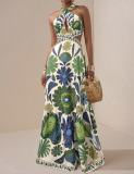 Summer Women's Printed Halter Neck Bohemian Long Dress