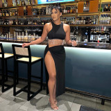 Spring Women's Chain-Decorated Top and Slit Skirt Set
