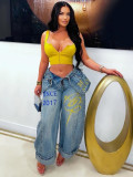 Women's Street Wide-leg Denim High-waist Graffiti Washed Loose Pants