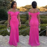Women's Fashion Solid Color Mesh Off Shoulder Bodycon Long Dress
