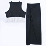 Spring Women's Chain-Decorated Top and Slit Skirt Set