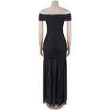 Women's Fashion Solid Color Mesh Off Shoulder Bodycon Long Dress