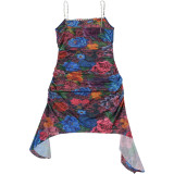 Spring Women's Fashion Chain Strap Slim Waist Pleated Bodycon Dress
