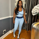 Spring Women's Low Back Top and High-Waist Color-Block Tight-Fitting Sport Pants Set