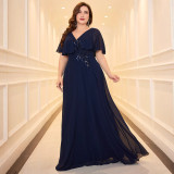 Plus Size Women's Navy Blue V-neck Chic Formal Party Dress