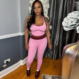 Spring Women's Low Back Top and High-Waist Color-Block Tight-Fitting Sport Pants Set