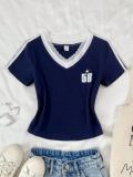 Summer Sport Printed Color-Block Lace Patchwork V-neck T-shirt