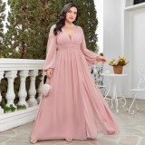 Plus Size Women's V-neck Long Sleeve Embroidered Floral Slim Waist Slit Bridesmaid Dress