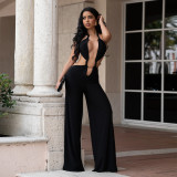 Women's Fashion Tie Low Back Solid Color Bodycon Jumpsuit