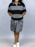 Summer Women's Casual Turn-down Collar Striped Polo Shirt and Sport Shorts Set