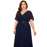 Plus Size Women's Navy Blue V-neck Chic Formal Party Dress