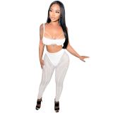 Women sexy bra strap zipper mesh See-Through trousers two-piece set