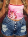 Women's Buttoned Ripped Denim Shorts