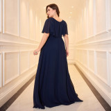 Plus Size Women's Navy Blue V-neck Chic Formal Party Dress